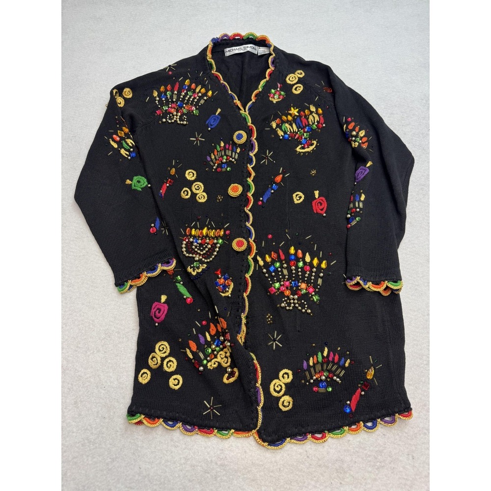 Vintage Michael Simon Cardigan Sweater Womens S‎ Black Beaded Hanukkah